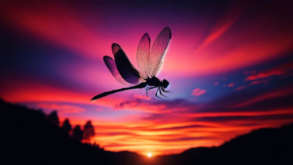 Dragonfly in flight against vibrant sunset. Wings spread.