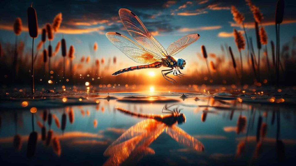 Good Dragonfly glides above pond at golden sunset.
